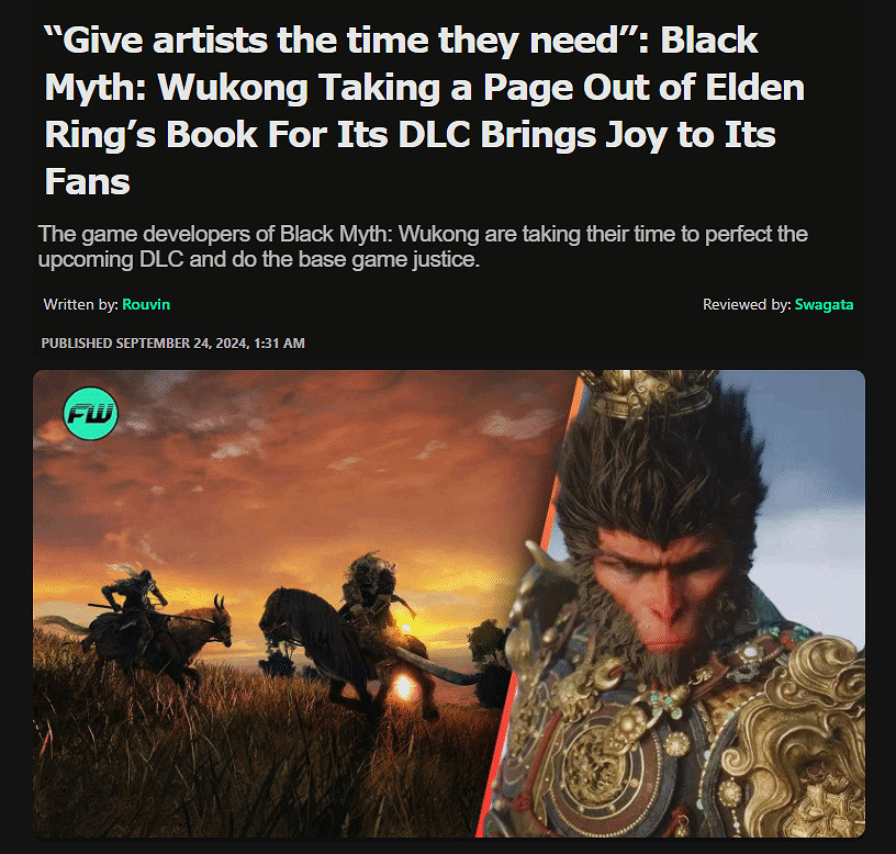 外媒希望遊科慢工出細活  像FS社一樣開發黑神話DLC