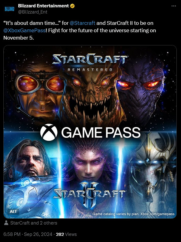 暴雪宣布《星際爭霸》系列將登陸 Xbox Game Pass (XGP) ！11月5日上線