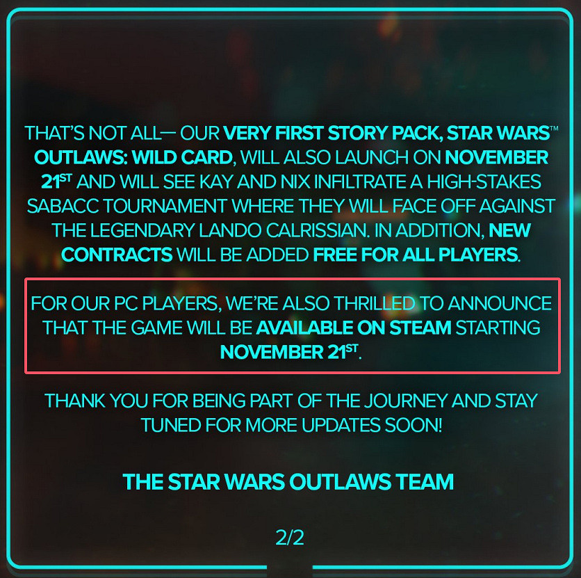 《星戰：亡命之徒》11月21日登陸Steam 初期銷量不佳