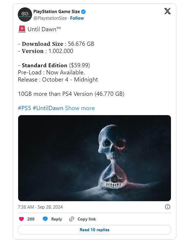 《直到黎明:重製版》PS5版檔案體積曝光 《直到黎明:重製版》PS5版檔案體積曝光