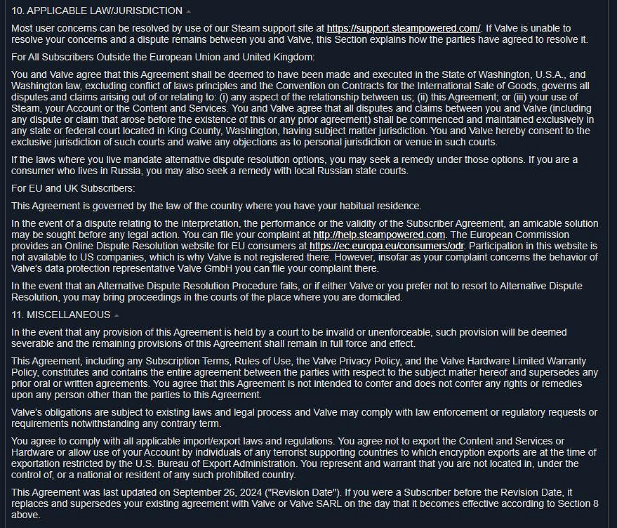 V社更新《Steam訂戶協議》 涉及與使用者之間產生的爭議