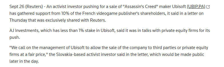 育碧股價不斷下跌 投資方開始著急勸育碧出售公司 育碧股價不斷下跌 投資方開始著急勸育碧出售公司