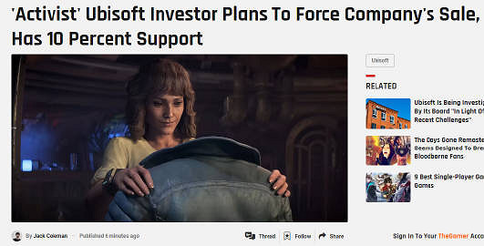 育碧股價不斷下跌 投資方開始著急勸育碧出售公司 育碧股價不斷下跌 投資方開始著急勸育碧出售公司