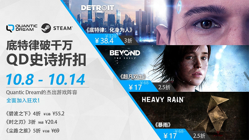 榮耀破千萬,Quantic Dream巨獻:《底特律:化身為人》《超凡雙生》《暴雨》攜手最低2.5折狂歡慶典 榮耀破千萬,Quantic Dream巨獻:《底特律:化身為人》《超凡雙生》《暴雨》攜手最低2.5折狂歡慶典