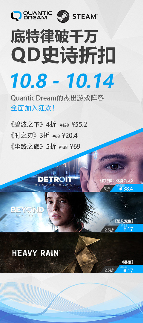 榮耀破千萬，Quantic Dream巨獻：《底特律：化身為人》《超能殺機：兩個靈魂》《暴雨》攜手最低2.5折