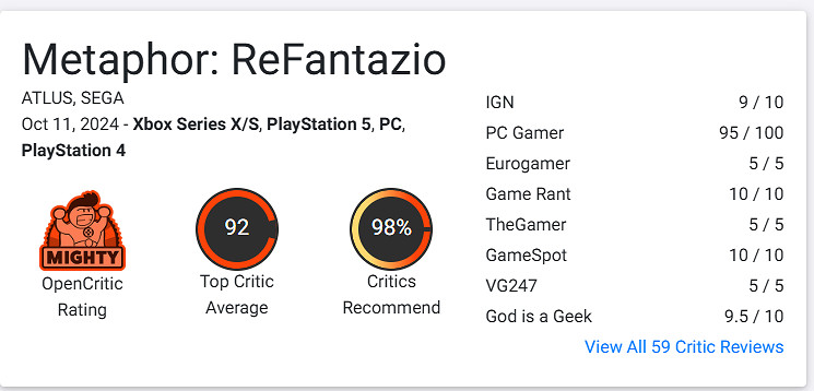 《暗喻幻想:ReFantazio》OC站 92分!媒體推薦度98% 《暗喻幻想:ReFantazio》OC站 92分!媒體推薦度98%