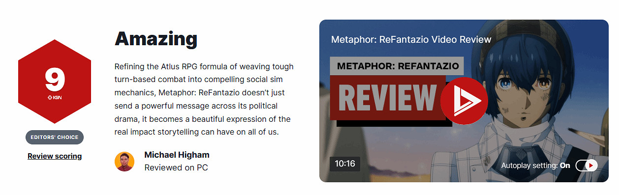 《暗喻幻想》IGN 9分!Atlus的RPG公式完成呈現一作 《暗喻幻想》IGN 9分!Atlus的RPG公式完成呈現一作