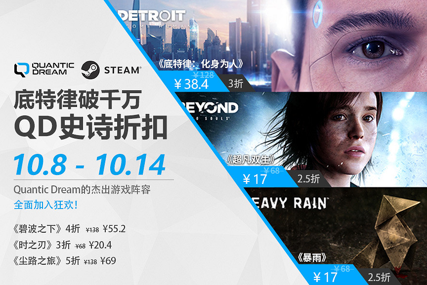 榮耀破千萬，Quantic Dream巨獻：《底特律：化身為人》《超能殺機：兩個靈魂》《暴雨》攜手最低2.5折