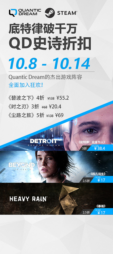 榮耀破千萬，Quantic Dream巨獻：《底特律：化身為人》《超能殺機：兩個靈魂》《暴雨》攜手最低2.5折
