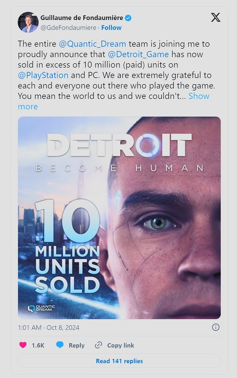 敘事冒險遊戲《底特律：我欲為人》銷量超過1000萬部