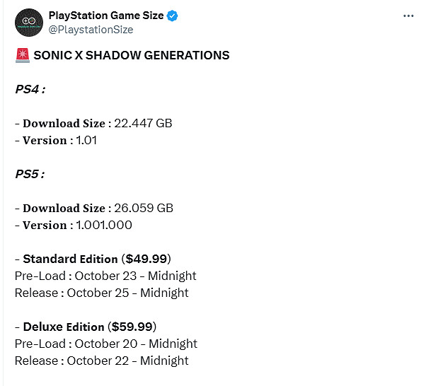 《索尼克X夏特:世代重啟》PS版容量曝光！提前2天預載