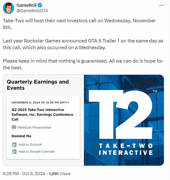 玩家猜測《GTA6》新預告11月6日公布:選擇相同時間點 玩家猜測《GTA6》新預告11月6日公布:選擇相同時間點