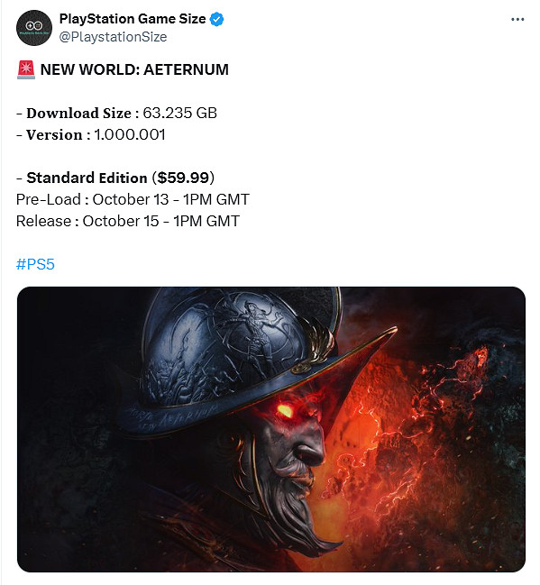 PS5版《新世界：Aeternum》容量曝光！10.13開啟預載