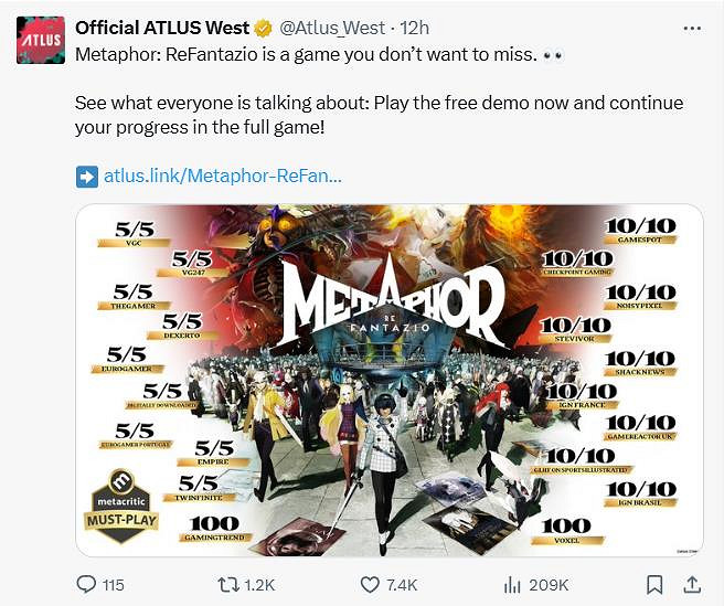 《暗喻幻想：ReFantazio》官宣全球總銷量已突破100萬