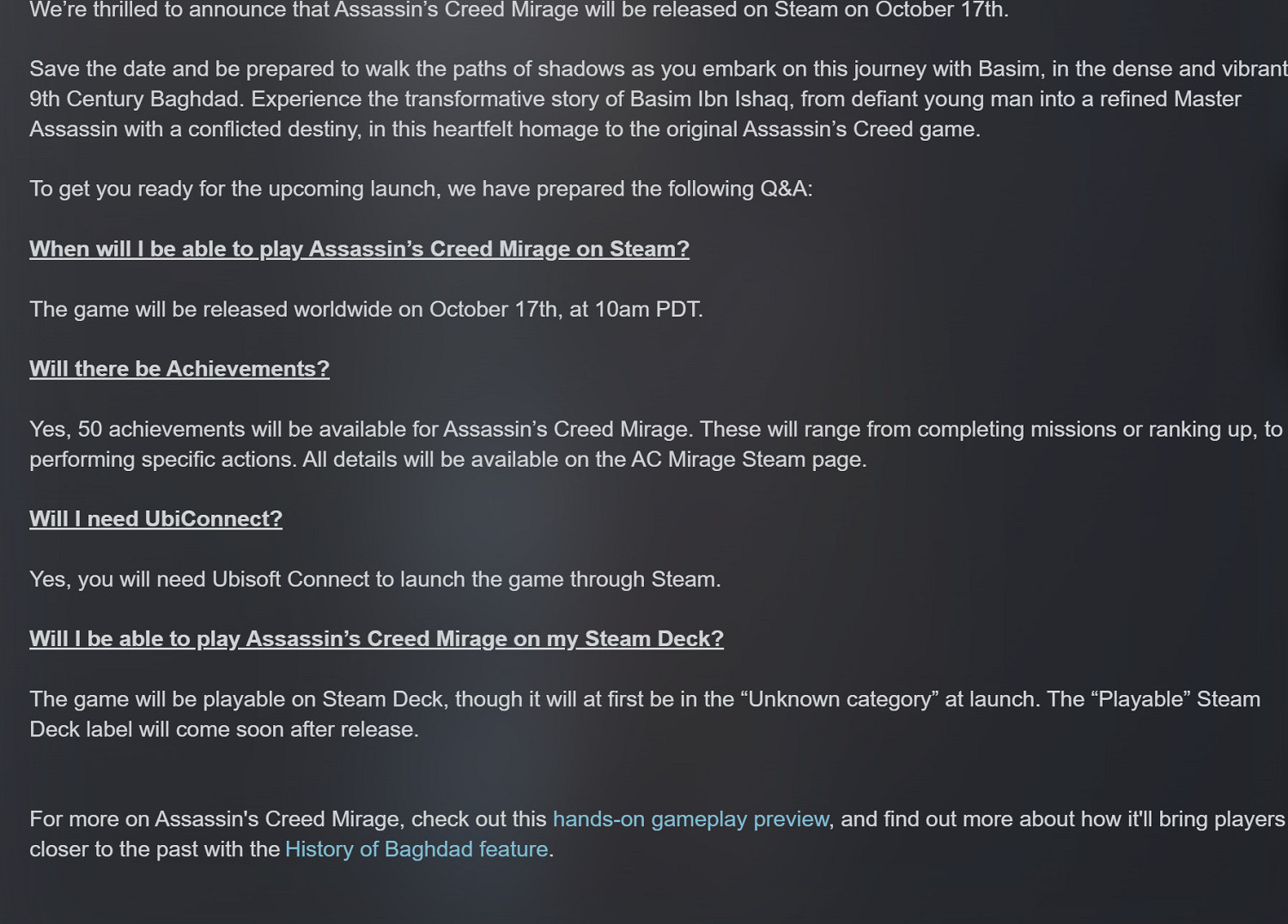 《刺客教條：幻景》即將登陸Steam！官方官方FAQ來啦