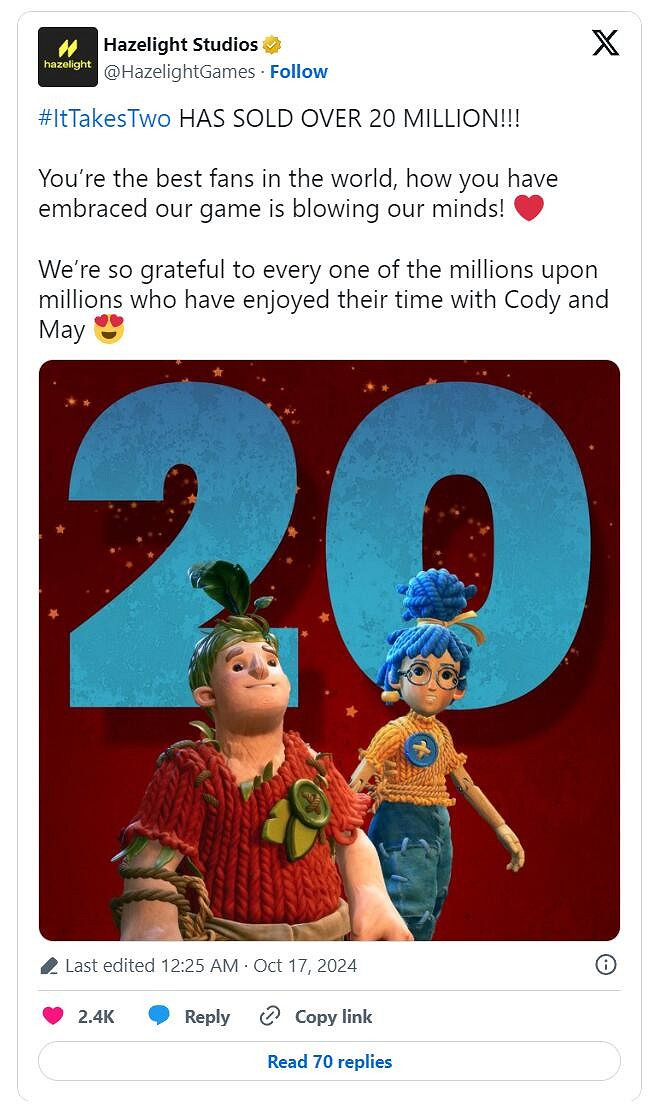 Hazelight的合作冒險遊戲《雙人成行》售出超過2000萬份 Hazelight的合作冒險遊戲《雙人成行》售出超過2000萬份