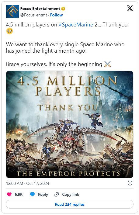 《戰鎚40K：星際戰士2》官宣玩家數量已達到450萬人！