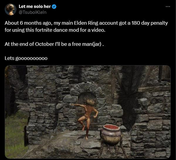 壺頭哥自爆因在《艾爾登法環》中使用跳舞MOD 導致主帳號封禁半年 即將解封 壺頭哥自爆因在《艾爾登法環》中使用跳舞MOD 導致主帳號封禁半年 即將解封