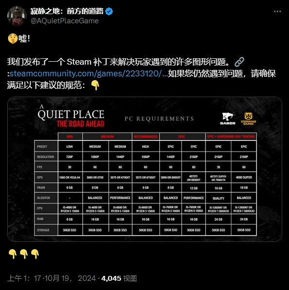 《寂靜之地：前方之路》發布新更新檔：黃漆可禁用！