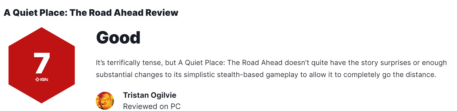 《寂靜之地:前方之路》獲IGN 7分:劇情不夠驚喜! 《寂靜之地:前方之路》獲IGN 7分:劇情不夠驚喜!