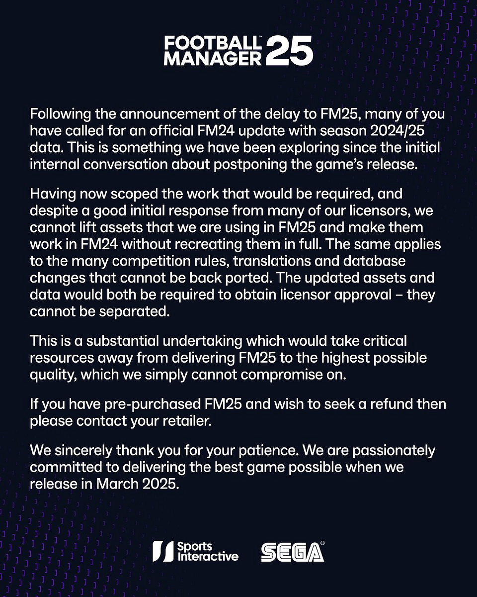 《足球經理2024》無法更新賽季新內容 開發商解釋來了 《足球經理2024》無法更新賽季新內容 開發商解釋來了