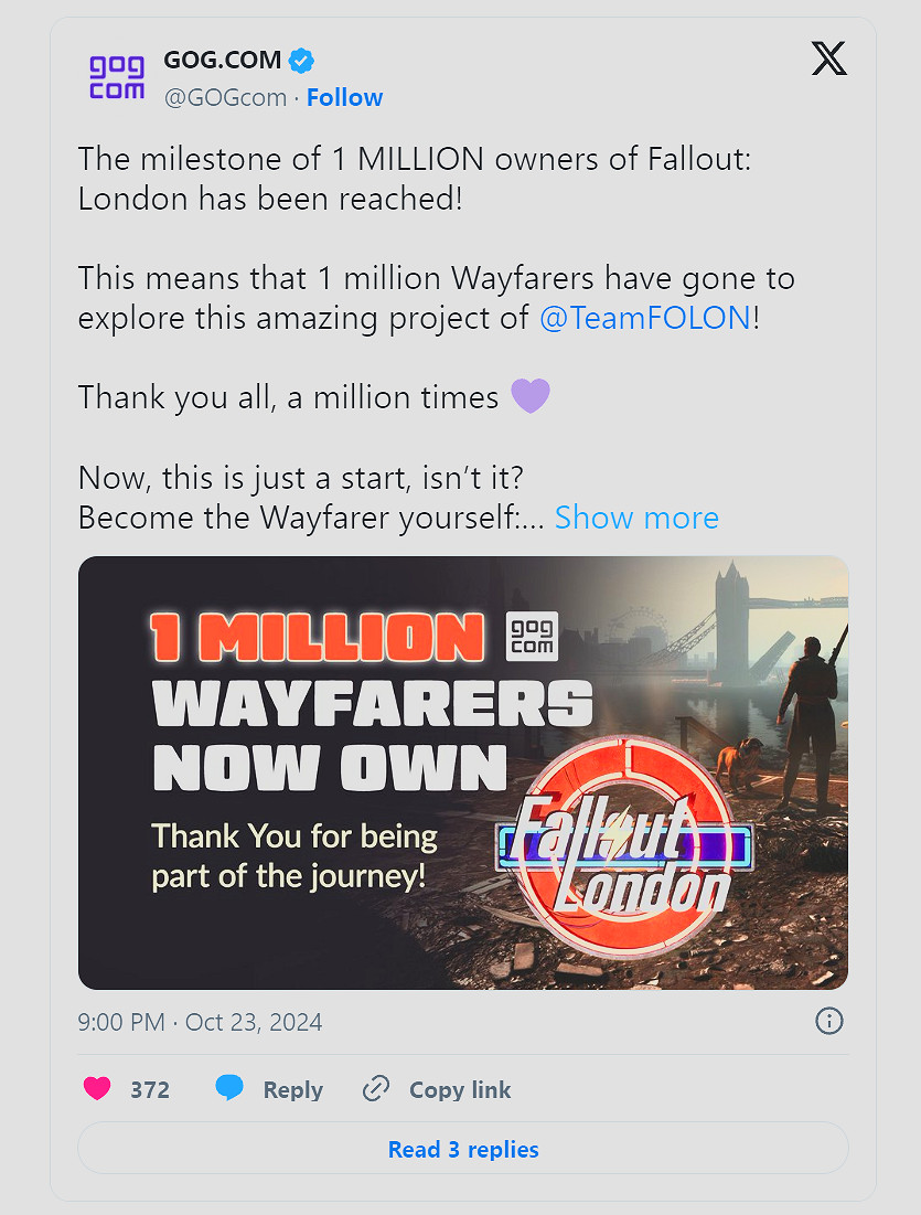 GOG宣布《輻射：倫敦》下載量突破100萬