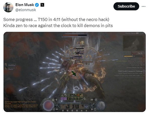 馬斯克繼續刷《暗黑4》 四分鐘便打穿深坑150層 馬斯克繼續刷《暗黑4》 四分鐘便打穿深坑150層