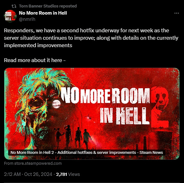 《地獄已滿2》官方發長文反思:非常重視玩家的反饋! 《地獄已滿2》官方發長文反思:非常重視玩家的反饋!