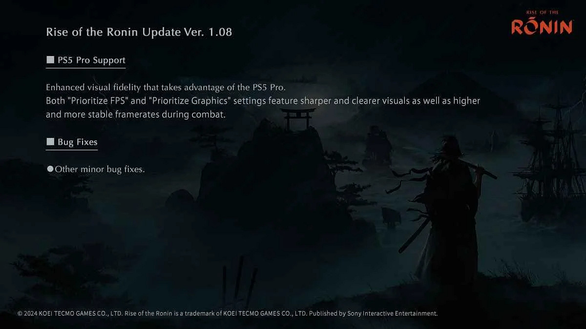 《浪人崛起》1.08版本更新上線!追加PS5 Pro支援 《浪人崛起》1.08版本更新上線!追加PS5 Pro支援