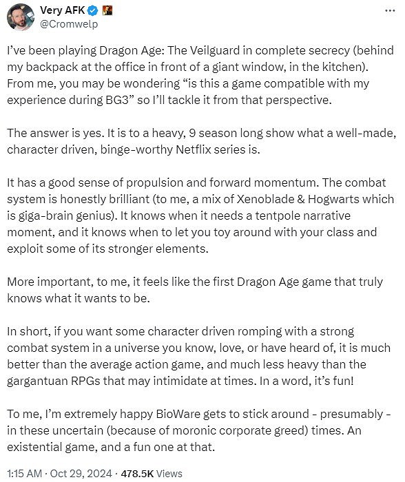 《闇龍紀元4》受博德3發行總監稱讚：非常值得一玩！