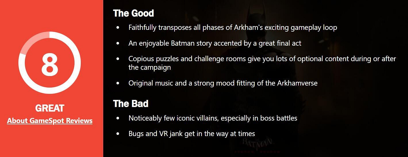 《蝙蝠俠:阿卡姆之影》獲GS 8分 VR遊戲的標杆之作 《蝙蝠俠:阿卡姆之影》獲GS 8分 VR遊戲的標杆之作