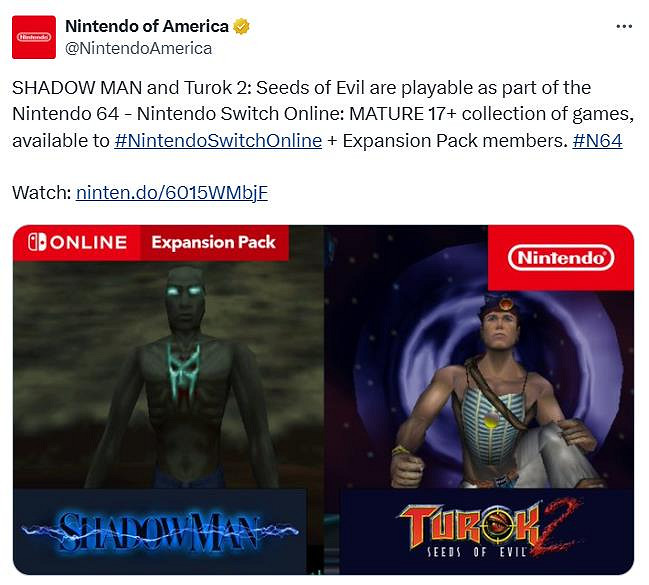 美服Switch Online會員經典遊戲庫新增兩款N64遊戲:《夜影俠》和《恐龍獵人2》 美服Switch Online會員經典遊戲庫新增兩款N64遊戲:《夜影俠》和《恐龍獵人2》