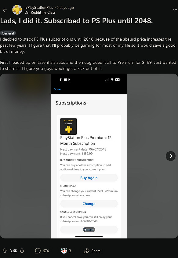玩家提前投資 花費2000美元預先續訂了24年的PS+會員 玩家提前投資 花費2000美元預先續訂了24年的PS+會員