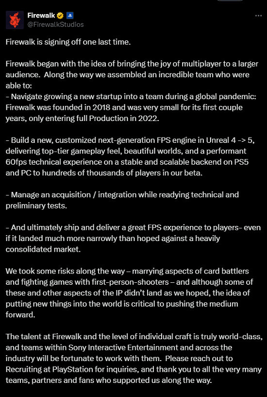 《星鳴特攻》開發商Firewalk告別推文：致敬優秀團隊