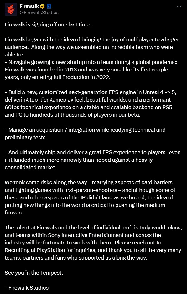 《星鳴特攻》成遺作!Firewalk工作室被關閉發文告別 《星鳴特攻》成遺作!Firewalk工作室被關閉發文告別