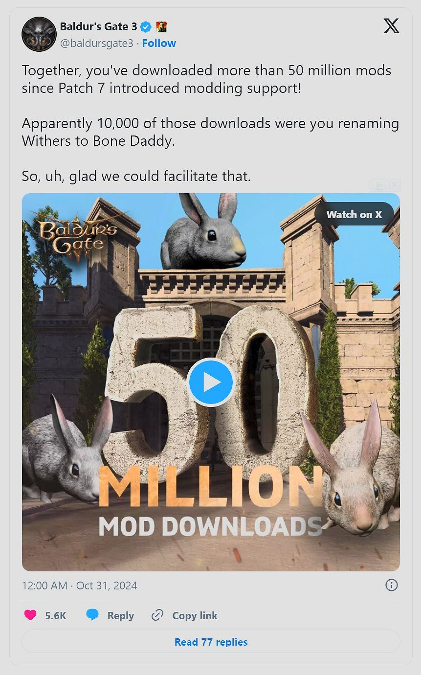 《柏德之門3》Mod下載量超過5000萬次 《柏德之門3》Mod下載量超過5000萬次