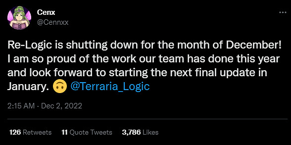 《泰拉瑞亞》官方宣布提前進入冬休 最終更新明年1月再開 《泰拉瑞亞》官方宣布提前進入冬休 最終更新明年1月再開