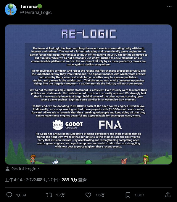 不滿Unity 《泰拉瑞亞》開發商向開源引擎捐款20萬美元