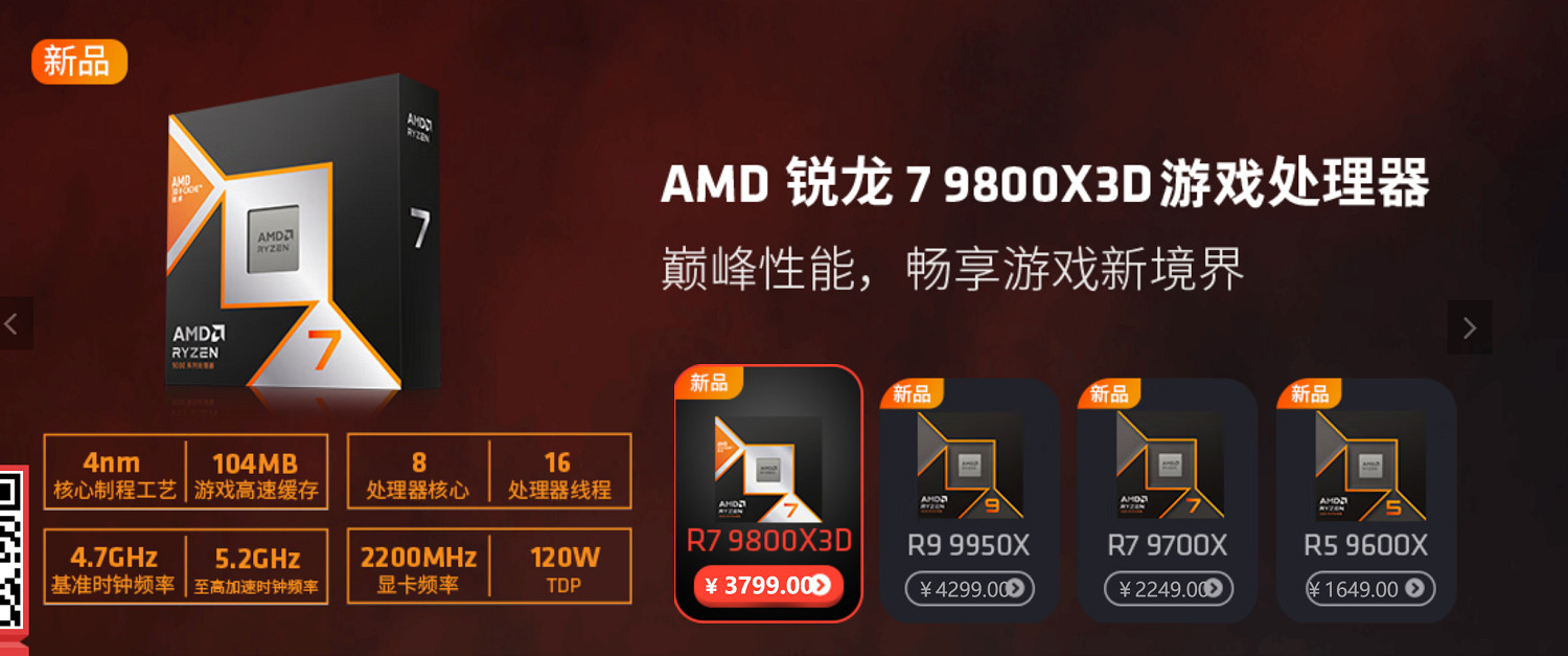 3799元！AMD發布最強遊戲CPU銳龍7 9800X3D