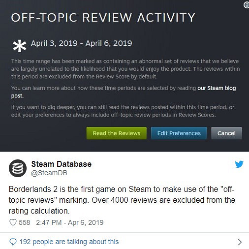《邊緣禁地2》成Steam修改使用者評價後首個受益遊戲 超4000條評論被過濾