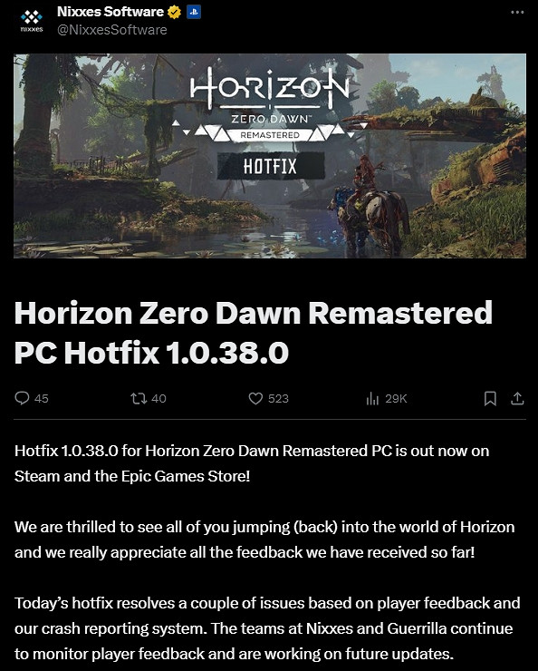 《地平線:零之曙光重製版》發布PC版熱修復更新檔! 《地平線:零之曙光重製版》發布PC版熱修復更新檔!