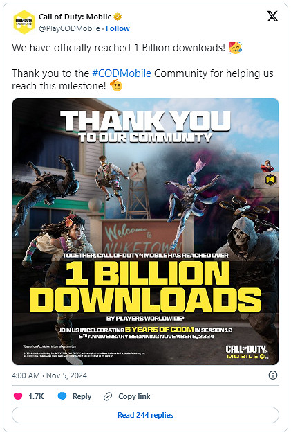 動視暴雪宣布《決勝時刻:Mobile》下載量超10億次! 動視暴雪宣布《決勝時刻:Mobile》下載量超10億次!