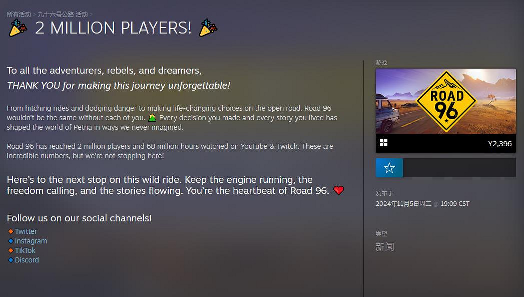 Steam特別好評 《九十六號公路》玩家數量已達200萬