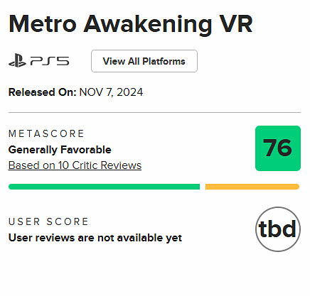 VR遊戲《地鐵覺醒》M站均分76分 場景過於“真實” VR遊戲《地鐵覺醒》M站均分76分 場景過於“真實”