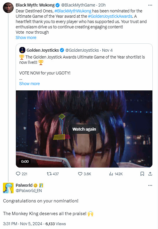 《帕魯》好兄弟!祝賀《黑神話》獲提名:美猴王應得! 《帕魯》好兄弟!祝賀《黑神話》獲提名:美猴王應得!