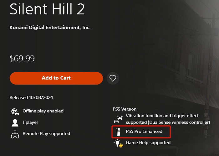 PS商店顯示《沉默之丘2重製版》已獲PS5 Pro增強支援! PS商店顯示《沉默之丘2重製版》已獲PS5 Pro增強支援!