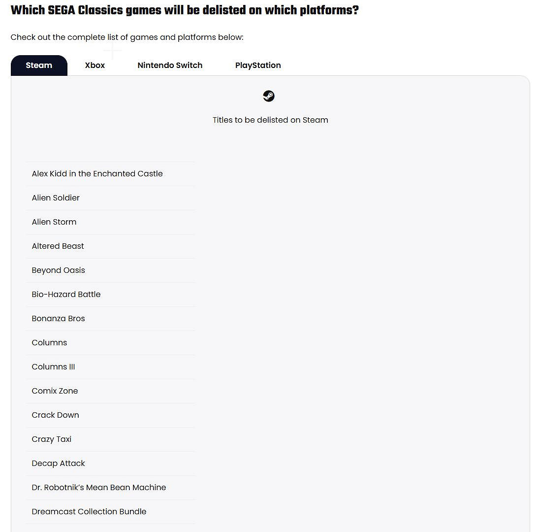 世嘉宣布超60款遊戲將下架!將於12月7日正式生效! 世嘉宣布超60款遊戲將下架!將於12月7日正式生效!