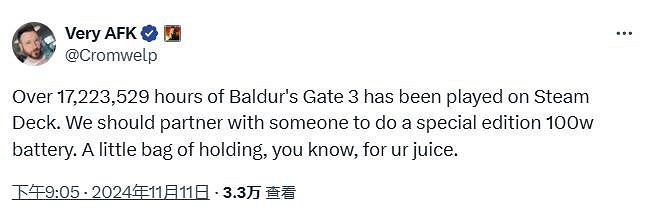 《柏德之門3》Steam Deck遊玩總時長已超1700萬小時