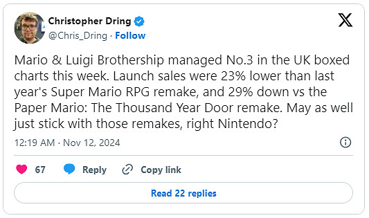 《瑪利歐&路易吉RPG:兄弟齊航》英國首發銷量不及預期 《瑪利歐&路易吉RPG:兄弟齊航》英國首發銷量不及預期