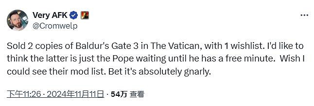 教皇也抵擋不住《博德3》的誘惑！竟在梵蒂岡售出2套